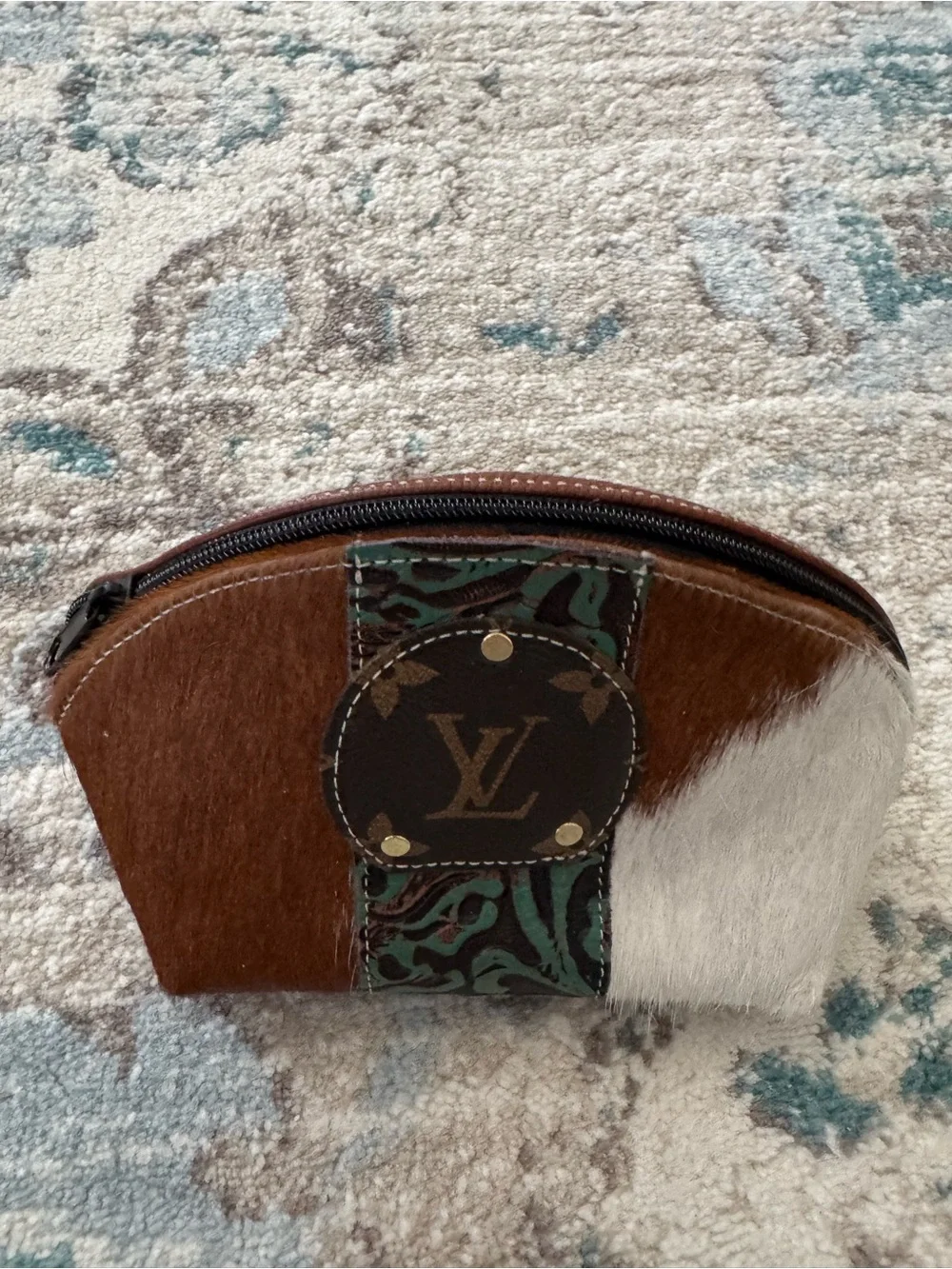 Western Cowhide Leather Cosmetic Makeup Bag Pouch Brown White Tooled Accent